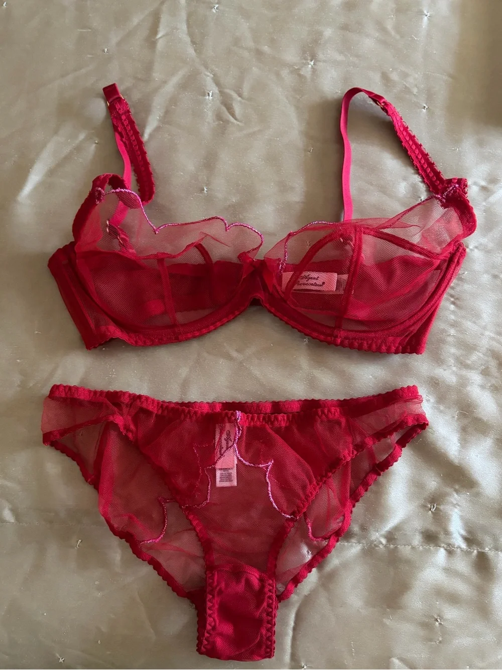 Agent Provocateur ❤️ Sheer Red sparkle Pink 💖 Scalloped Underwire Bra 32 DD / 32